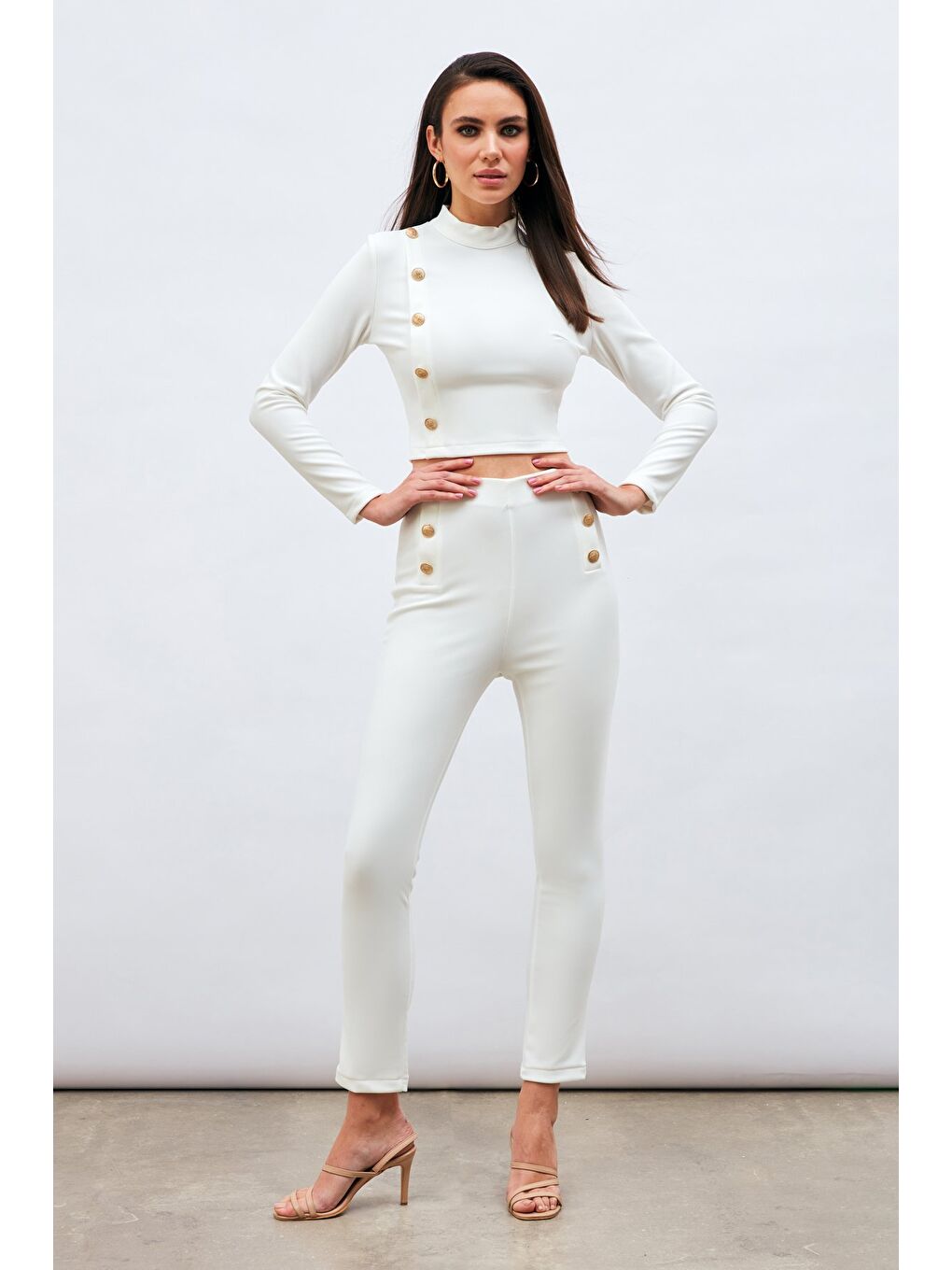 Düğme Detaylı Pantolon - Ekru-2