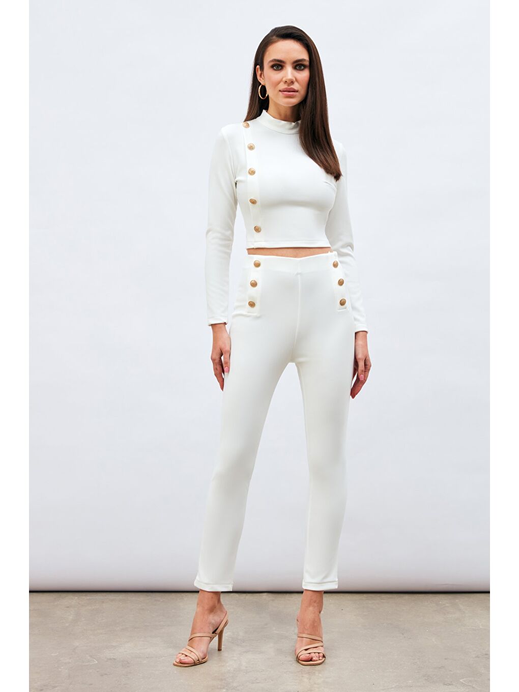Düğme Detaylı Pantolon - Ekru-3