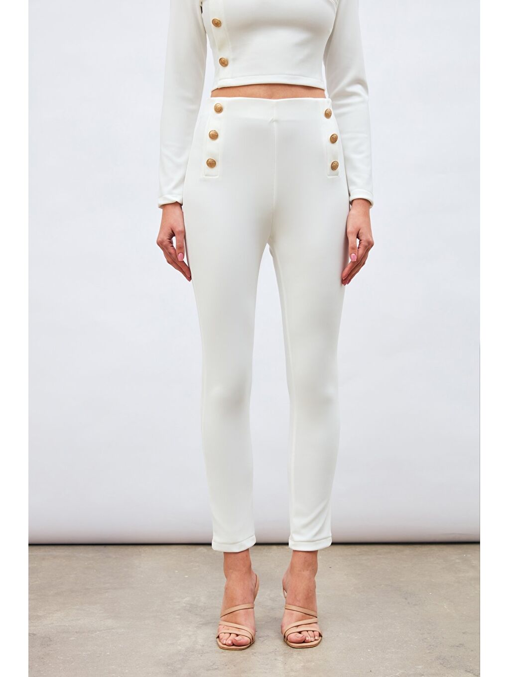 Düğme Detaylı Pantolon - Ekru-4