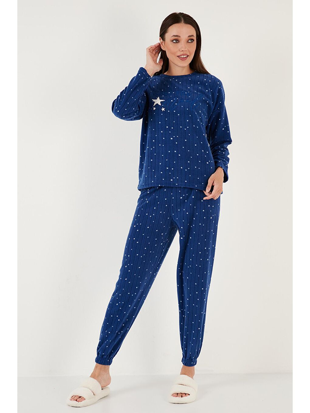 Lacivert Regular Fit Bisiklet Yaka Polar Pijama Takımı 6571006