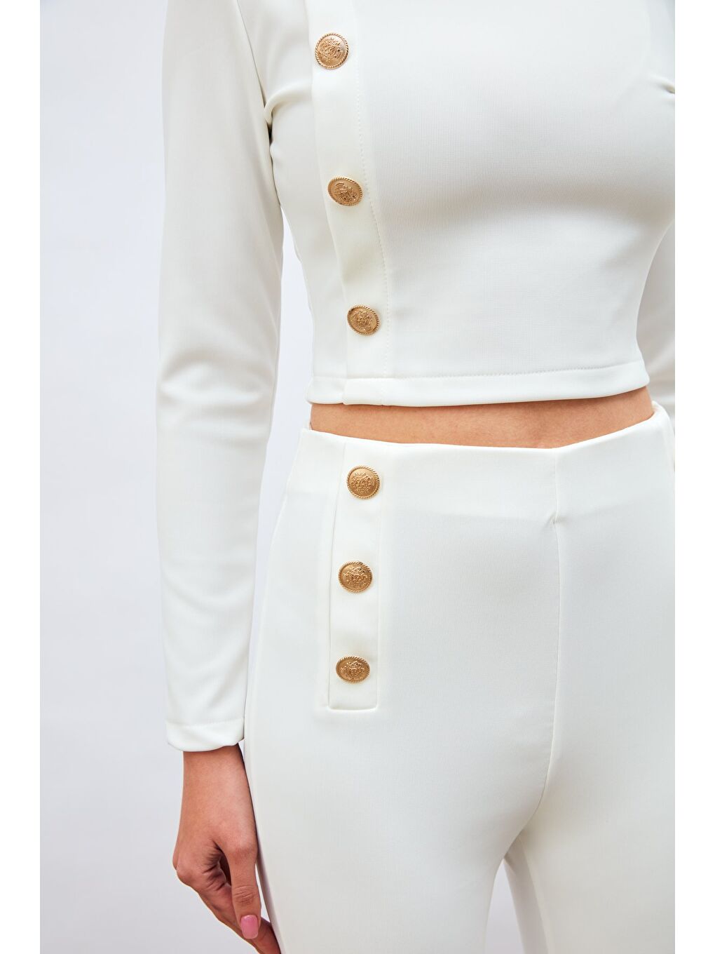 Düğme Detaylı Pantolon - Ekru-5