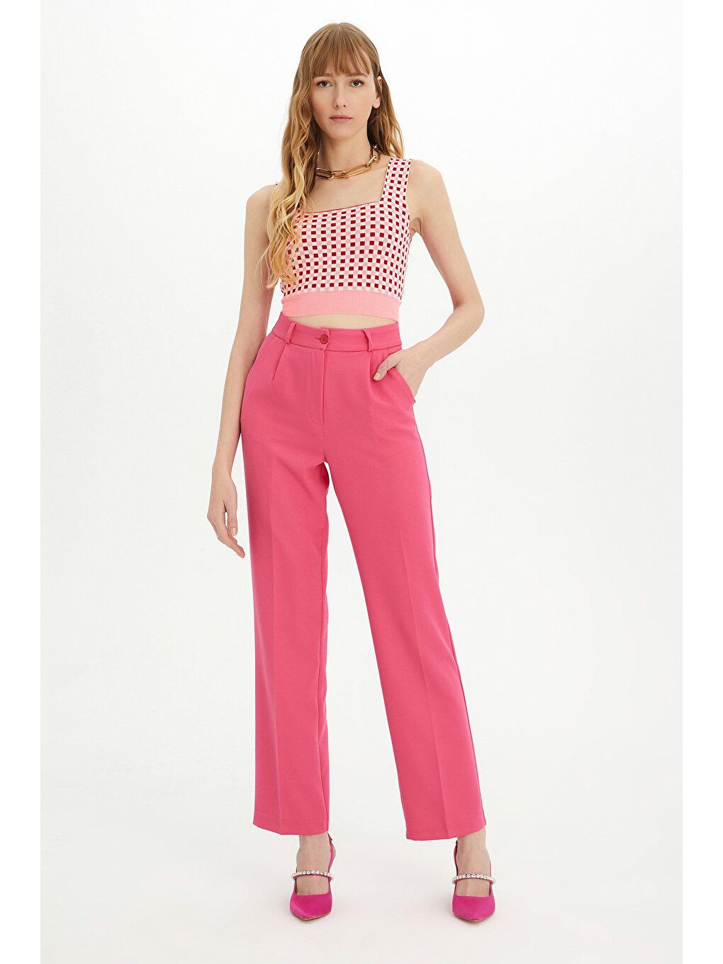 Neon Pembe Dama Desenli Sırt Dekolteli Triko Atlet-1