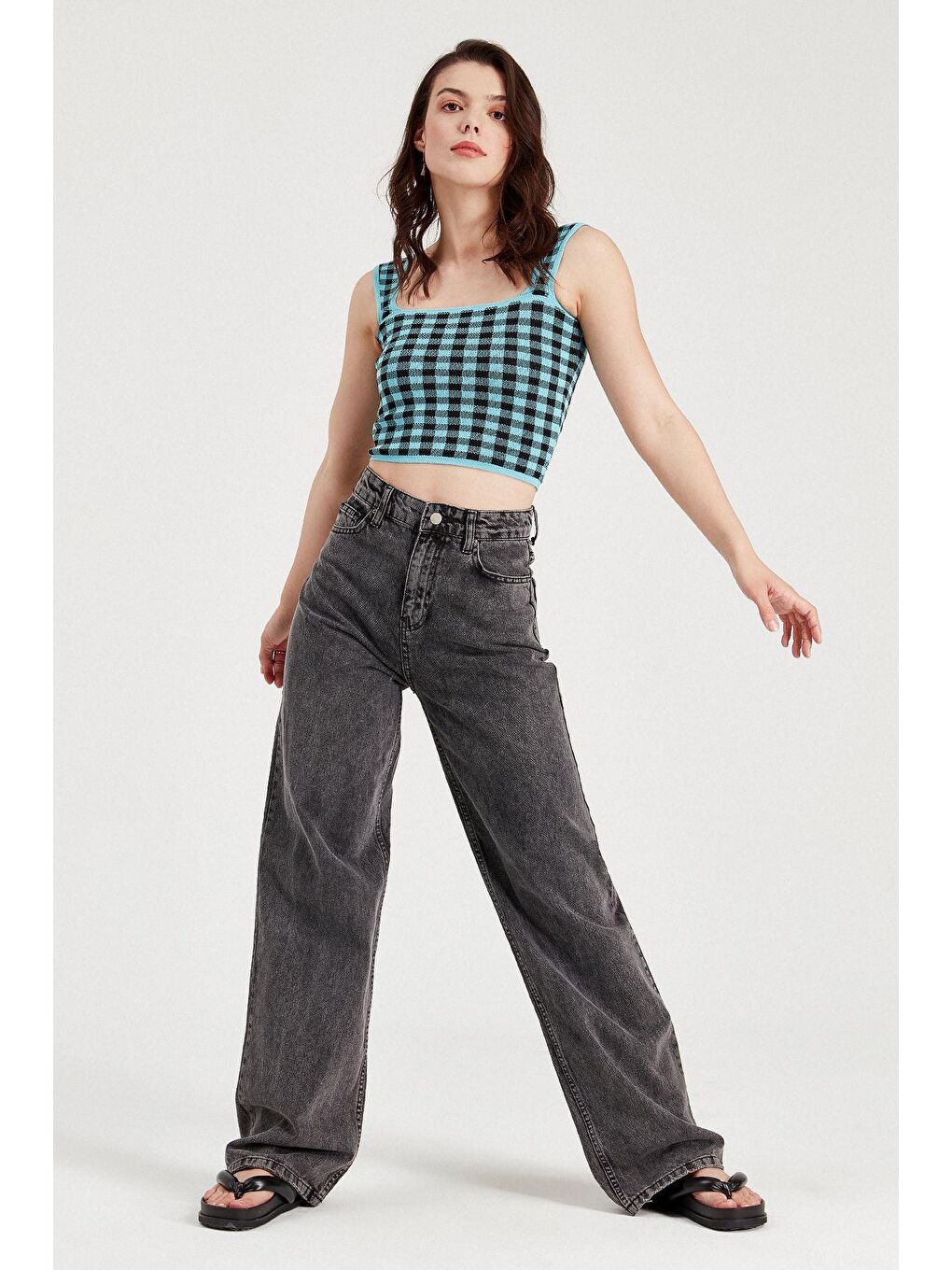 Turkuaz Pitikareli Kare Yaka Triko Crop Atlet SWA4133TUR-1