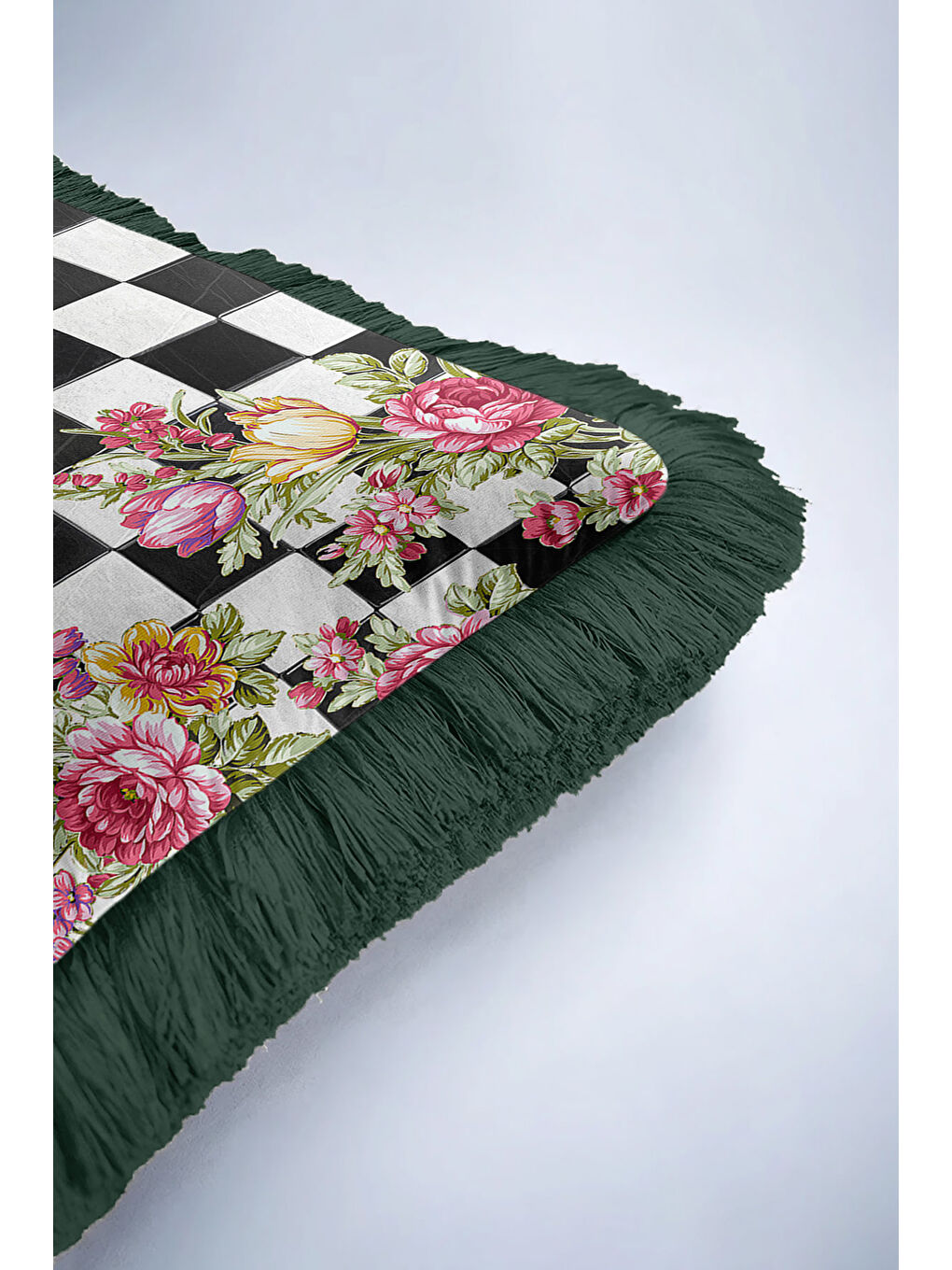 Karışık Zarif Kareli Çiçekli Saçaklı Yastık Kılıfı - Romantik Bahar Eklektik Yeşil Püsküllü Kırlent Kılıfı-6