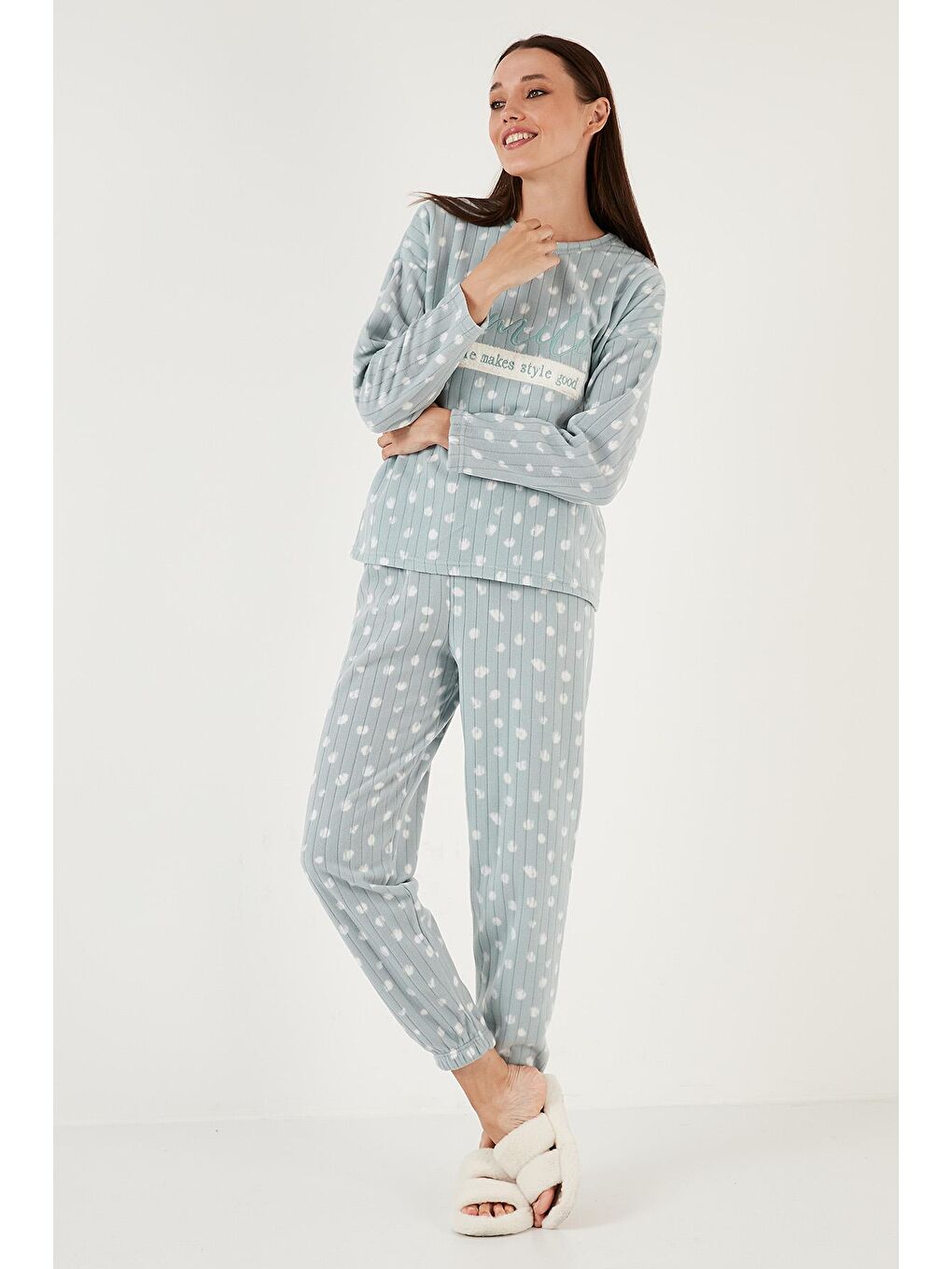 Yeşil Regular Fit Bisiklet Yaka Polar Pijama Takımı 6571007