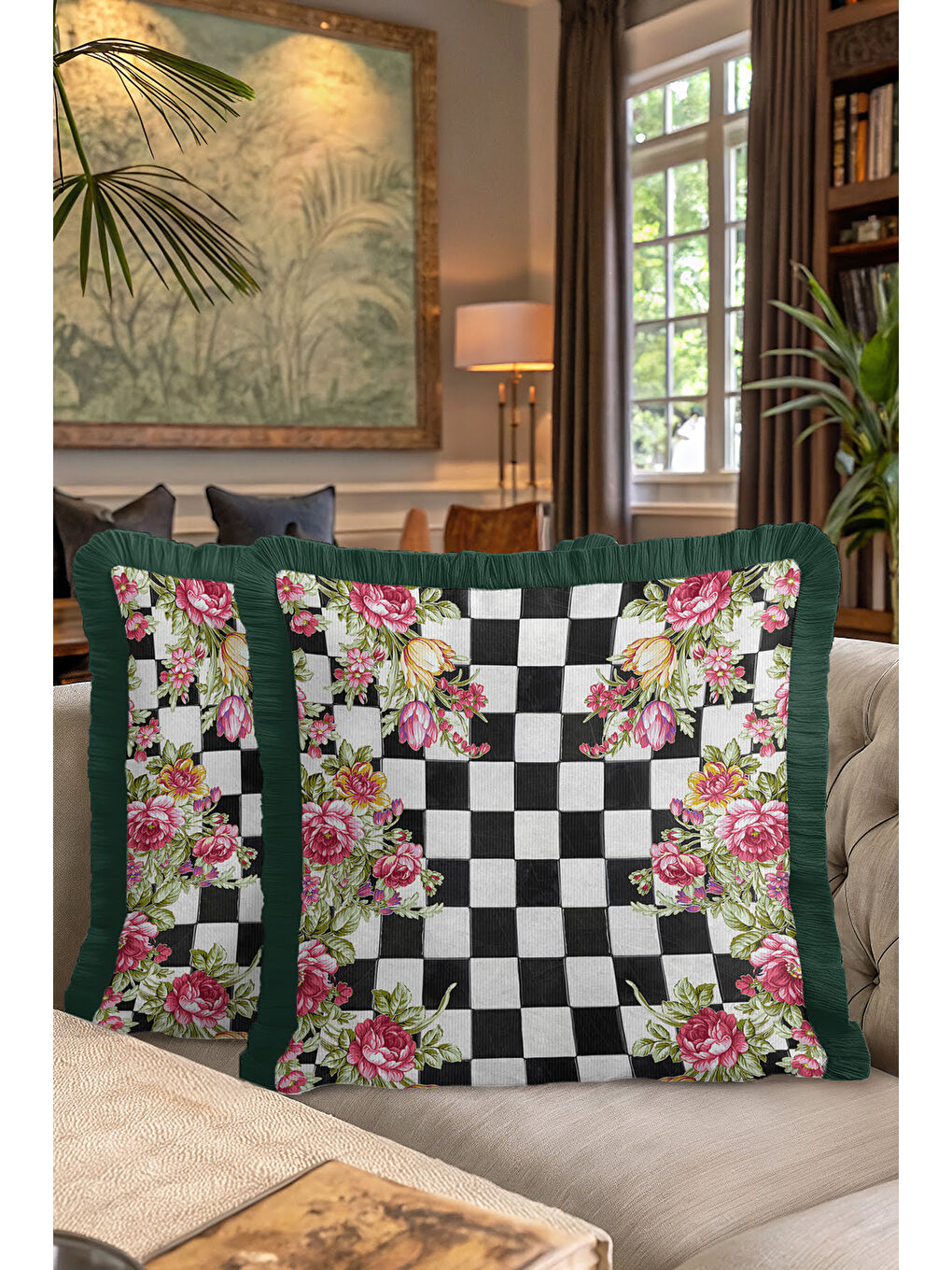 Karışık Zarif Kareli Çiçekli Saçaklı Yastık Kılıfı - Romantik Bahar Eklektik Yeşil Püsküllü Kırlent Kılıfı-7
