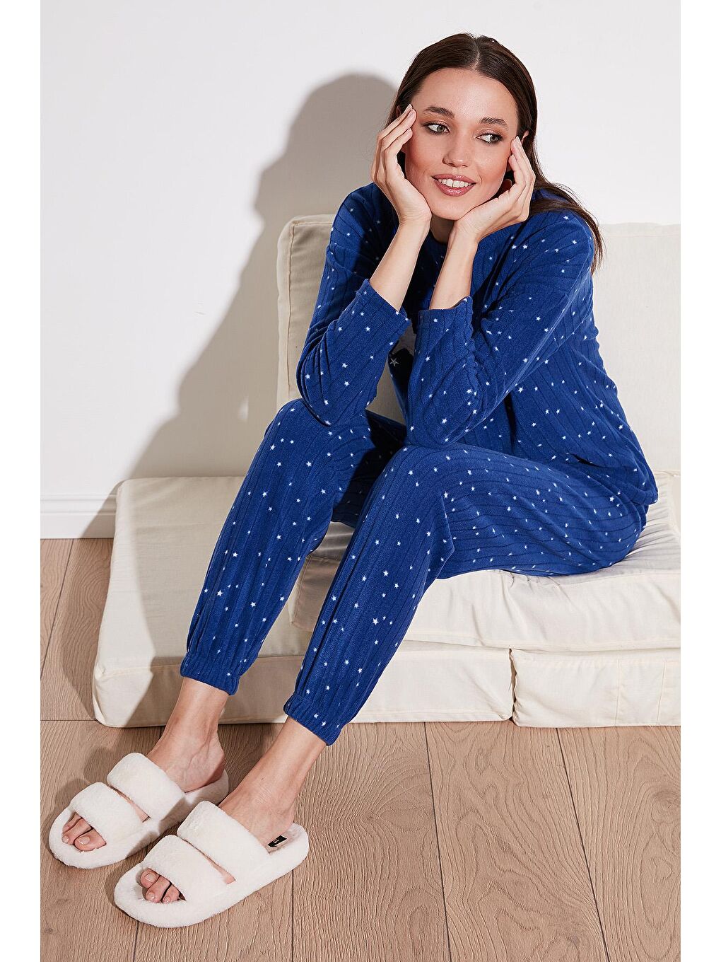 Lacivert Regular Fit Bisiklet Yaka Polar Pijama Takımı 6571006-1