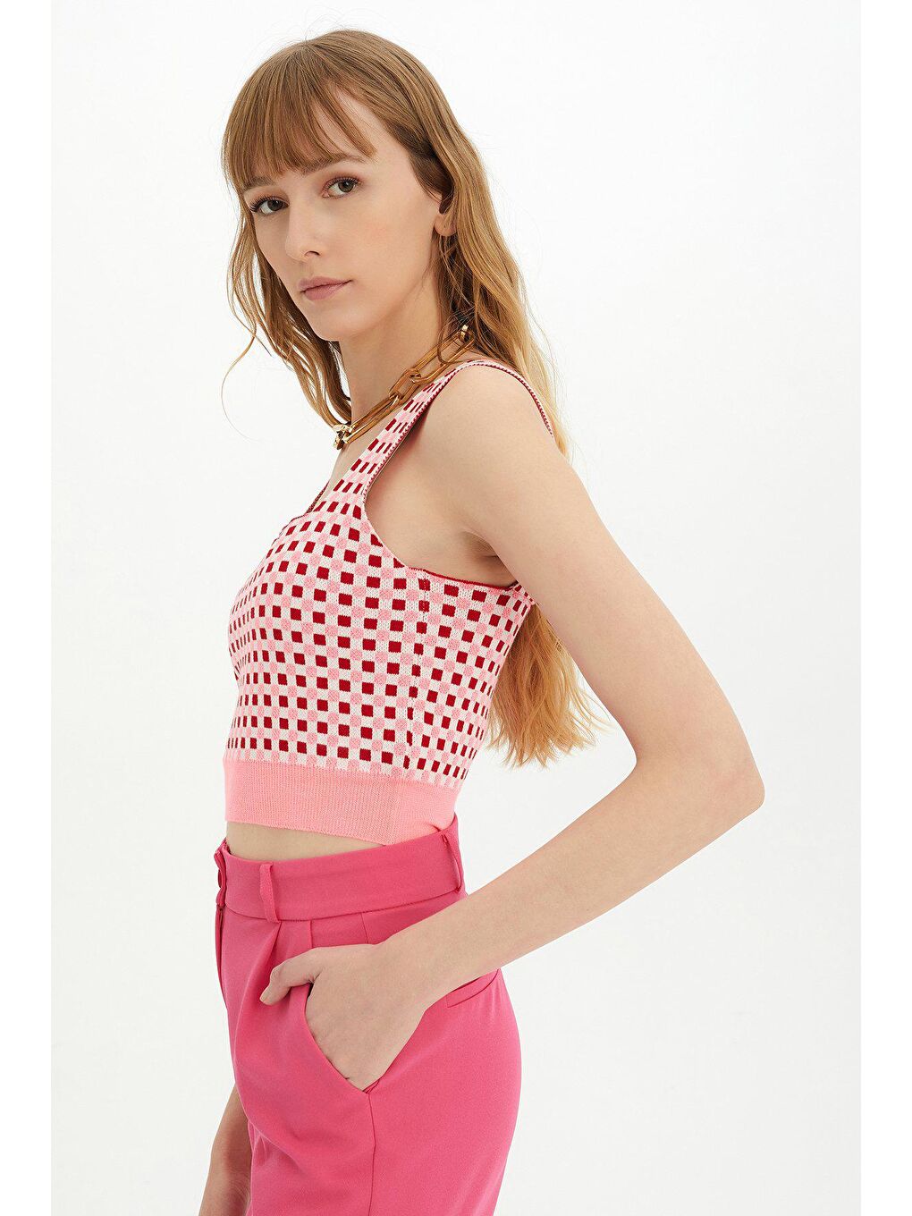 Neon Pembe Dama Desenli Sırt Dekolteli Triko Atlet-2