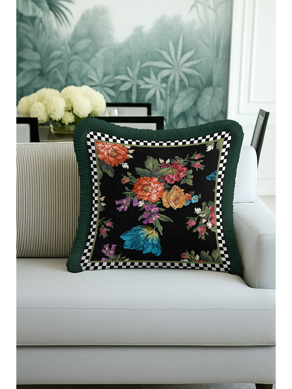 Karışık Barok Çiçekli Saçaklı Yastık Kılıfı - Lüks Vintage Bohem Siyah Yeşil Püsküllü Kırlent Kılıfı
