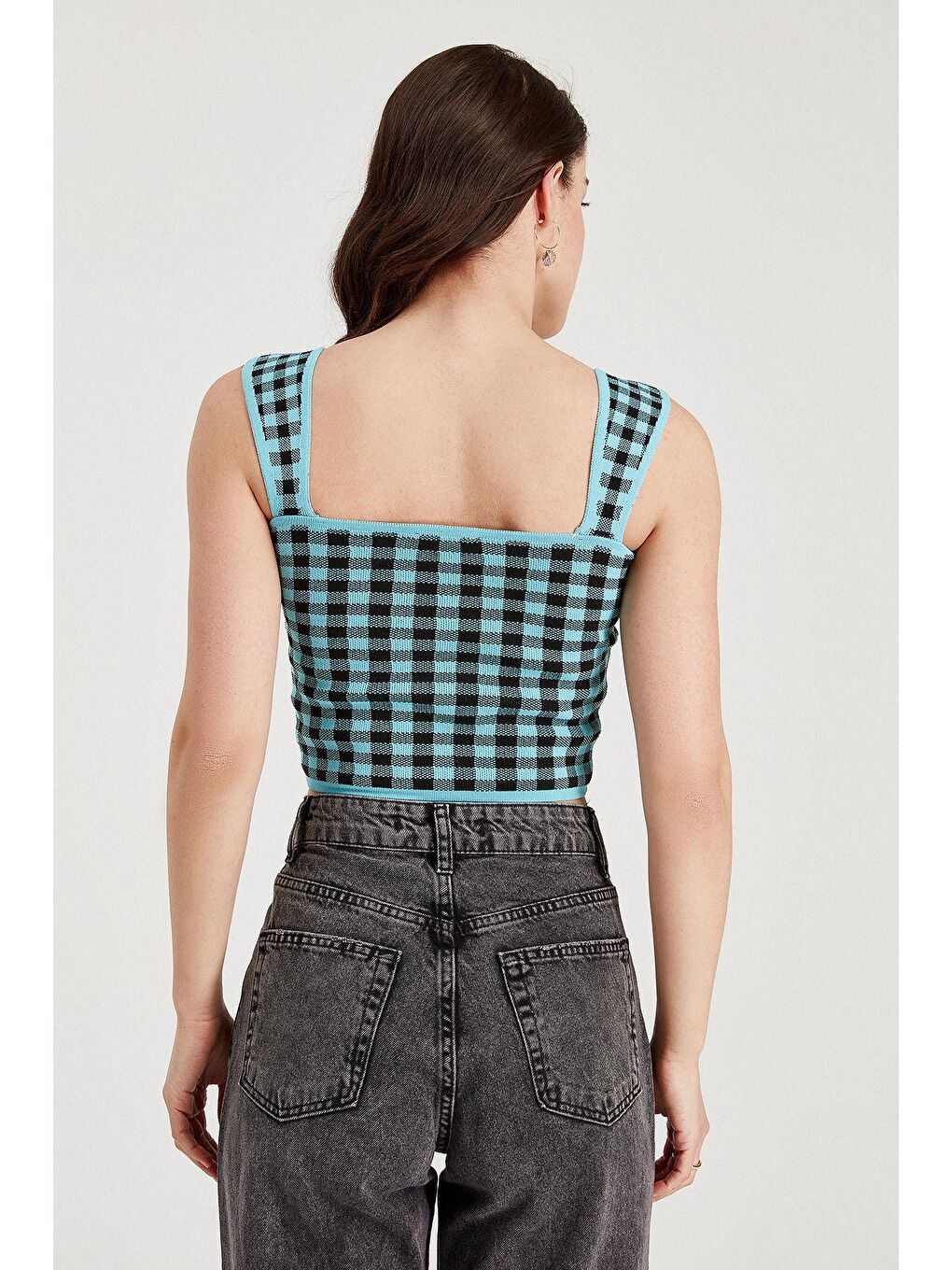 Turkuaz Pitikareli Kare Yaka Triko Crop Atlet SWA4133TUR-2