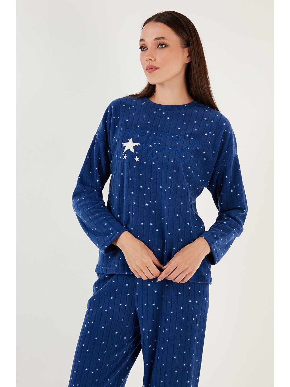 Lacivert Regular Fit Bisiklet Yaka Polar Pijama Takımı 6571006-2