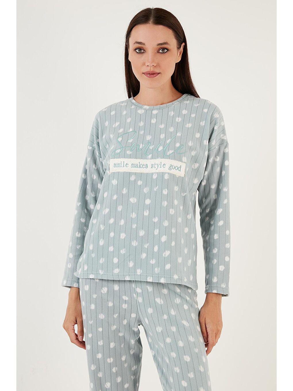 Yeşil Regular Fit Bisiklet Yaka Polar Pijama Takımı 6571007-2