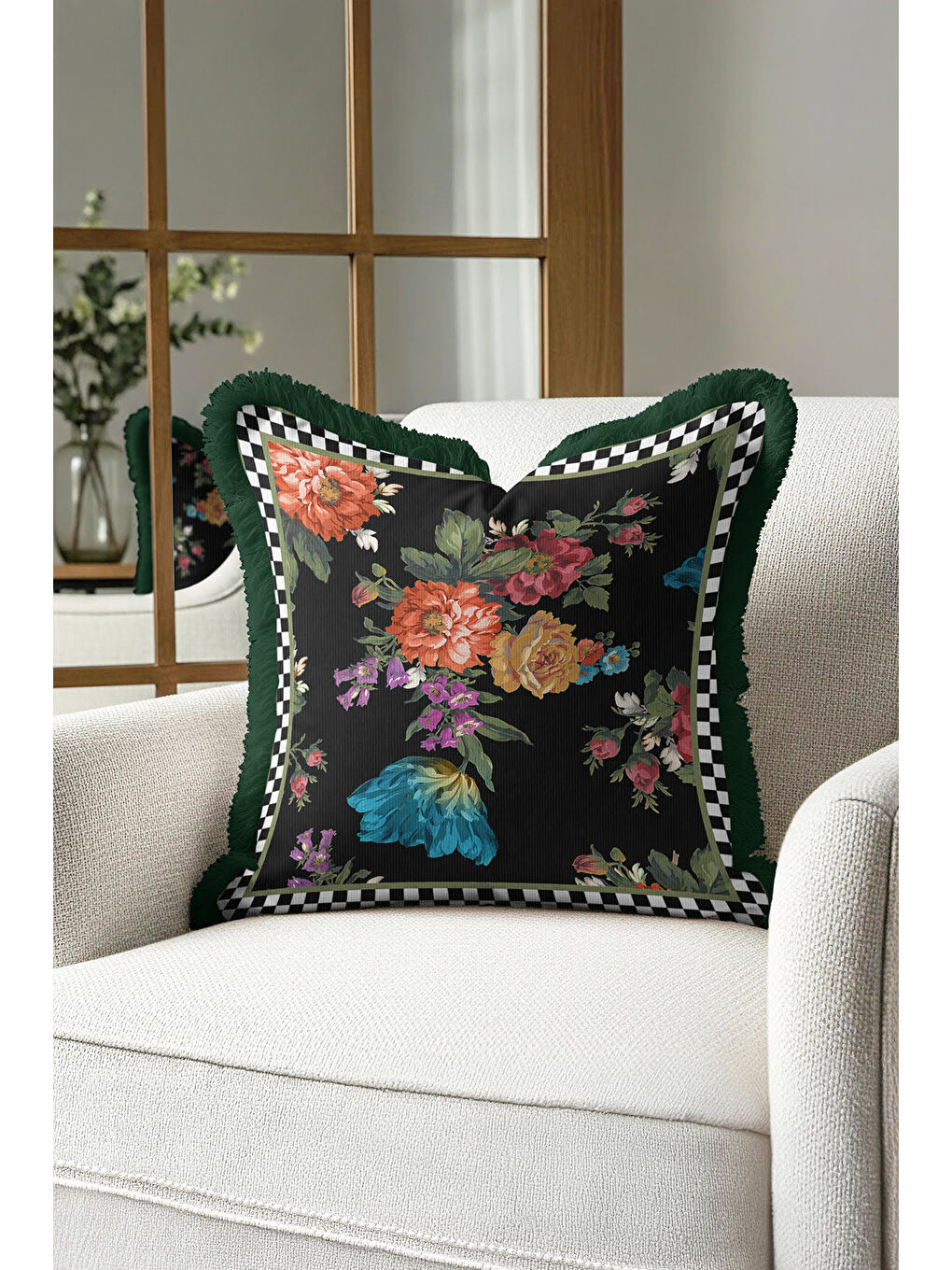Karışık Barok Çiçekli Saçaklı Yastık Kılıfı - Lüks Vintage Bohem Siyah Yeşil Püsküllü Kırlent Kılıfı-1