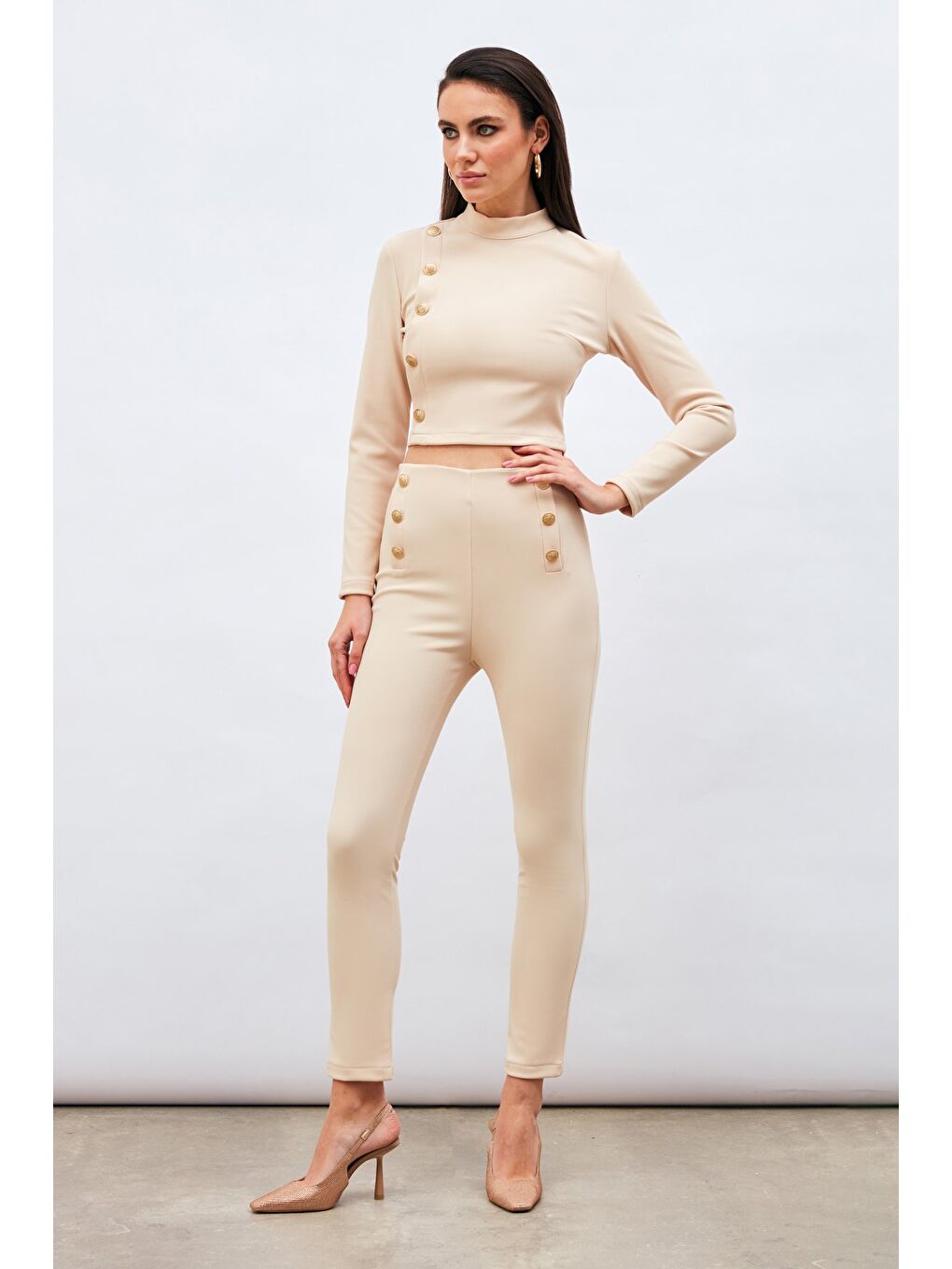 Düğme Detaylı Pantolon - Bej