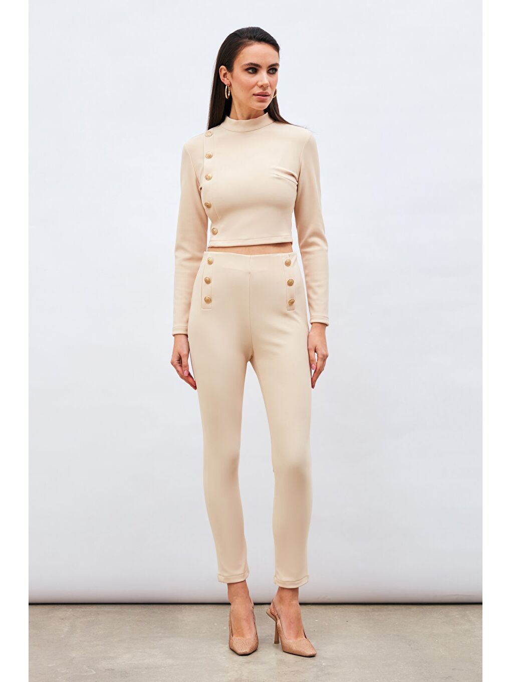 Düğme Detaylı Pantolon - Bej-1