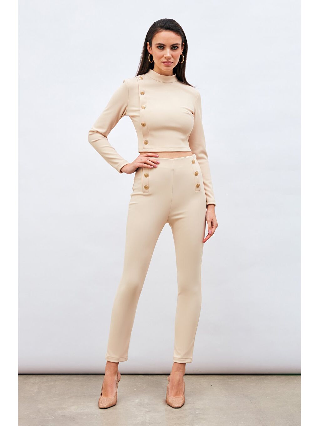 Düğme Detaylı Pantolon - Bej-2