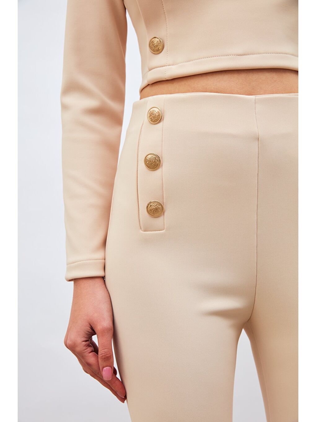Düğme Detaylı Pantolon - Bej-5