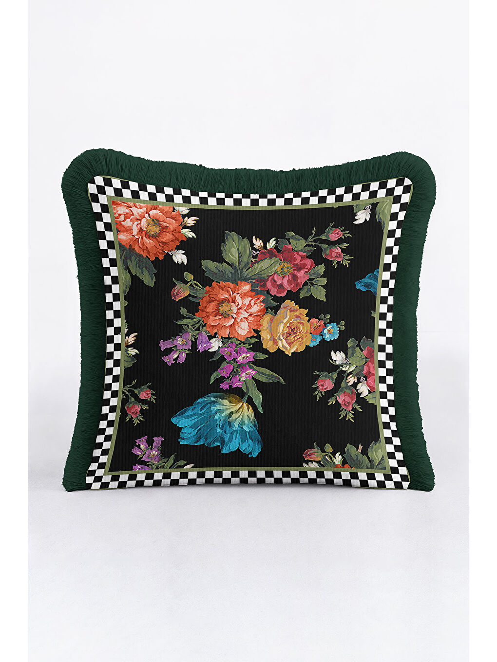 Karışık Barok Çiçekli Saçaklı Yastık Kılıfı - Lüks Vintage Bohem Siyah Yeşil Püsküllü Kırlent Kılıfı-2