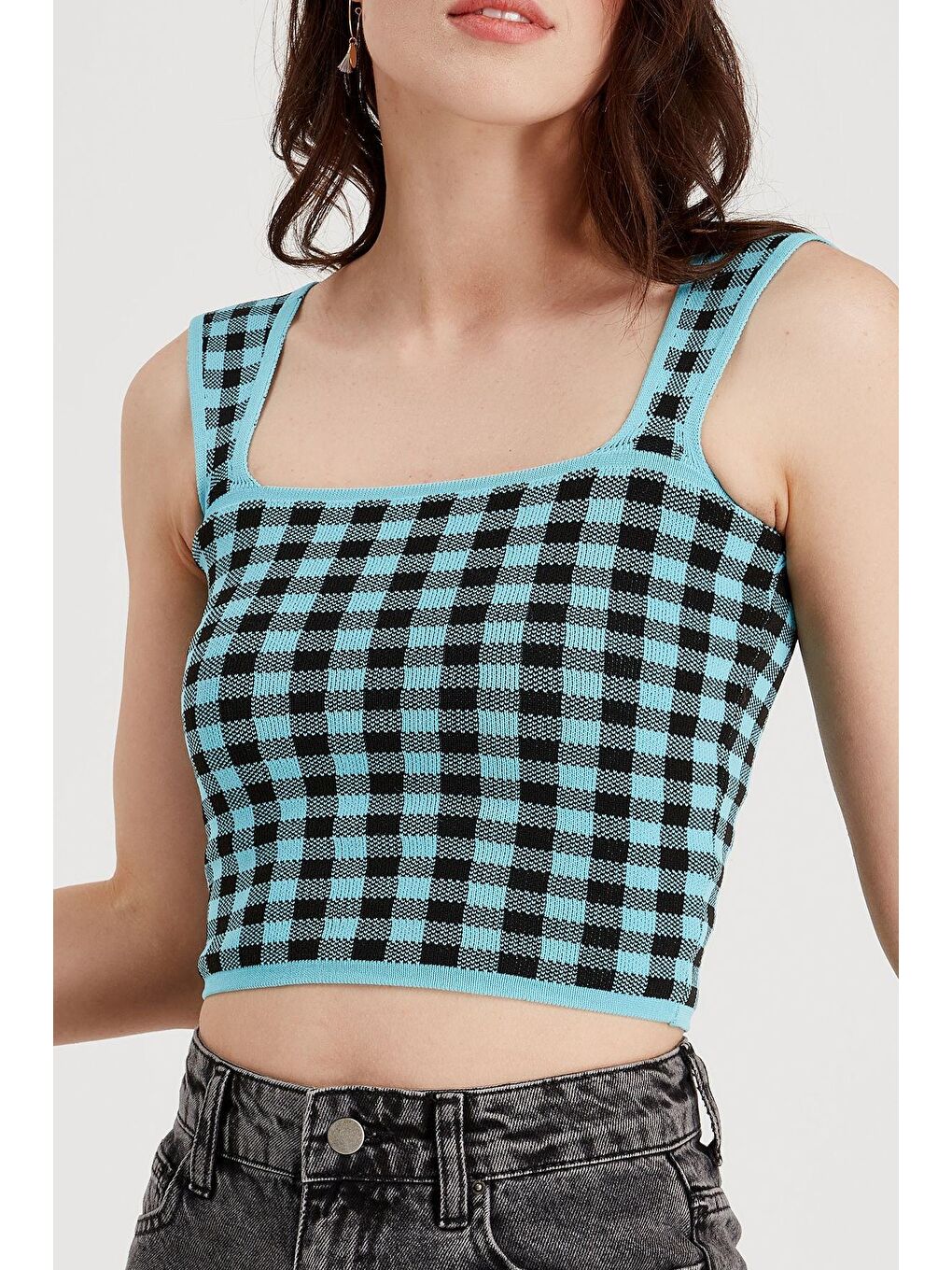 Turkuaz Pitikareli Kare Yaka Triko Crop Atlet SWA4133TUR-3