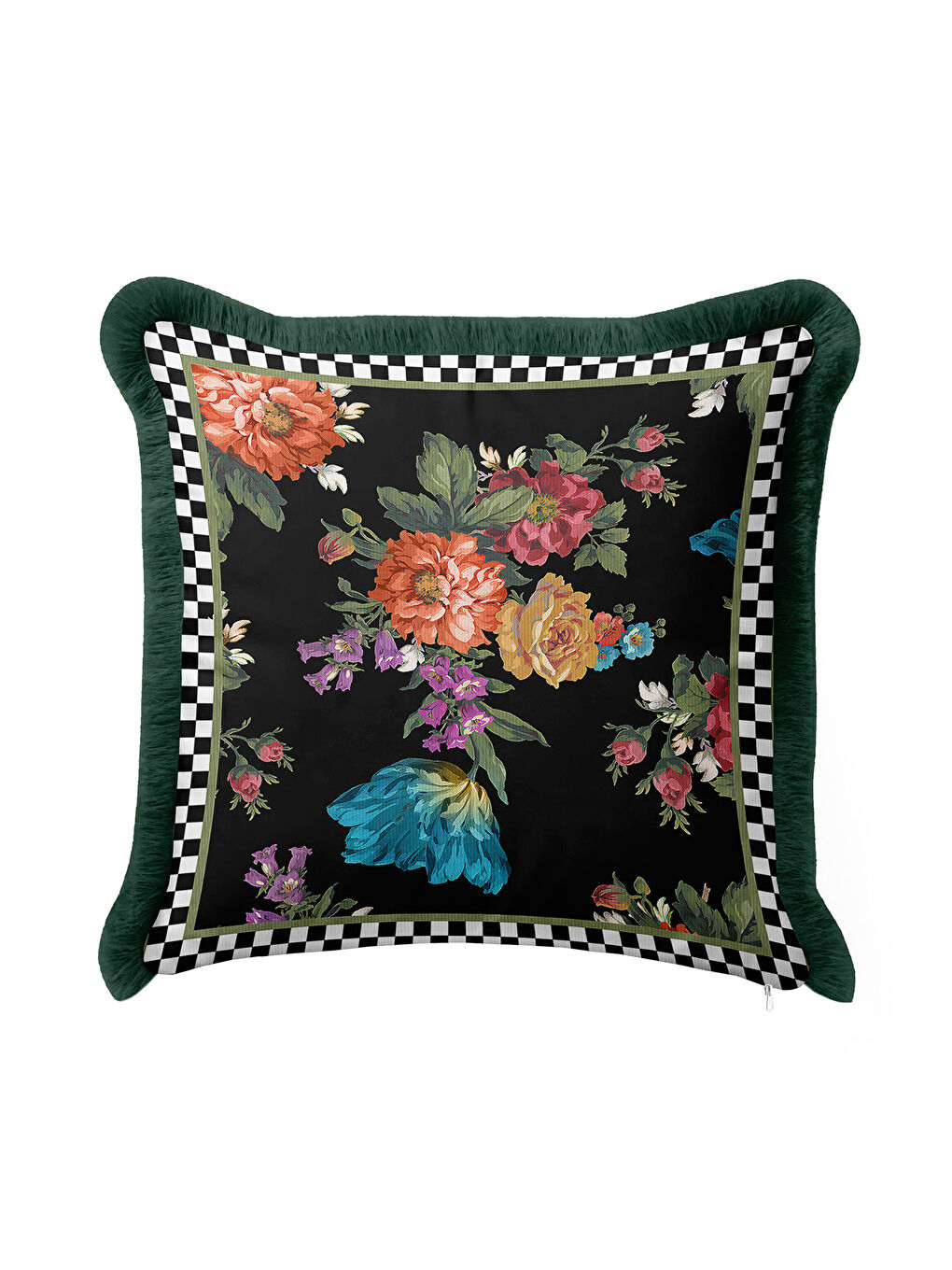 Karışık Barok Çiçekli Saçaklı Yastık Kılıfı - Lüks Vintage Bohem Siyah Yeşil Püsküllü Kırlent Kılıfı-3