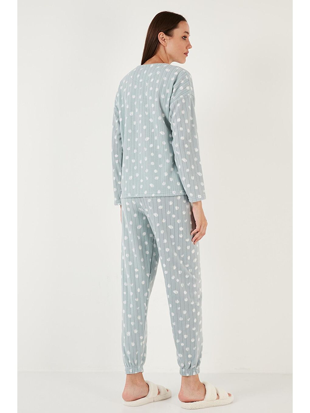 Yeşil Regular Fit Bisiklet Yaka Polar Pijama Takımı 6571007-4