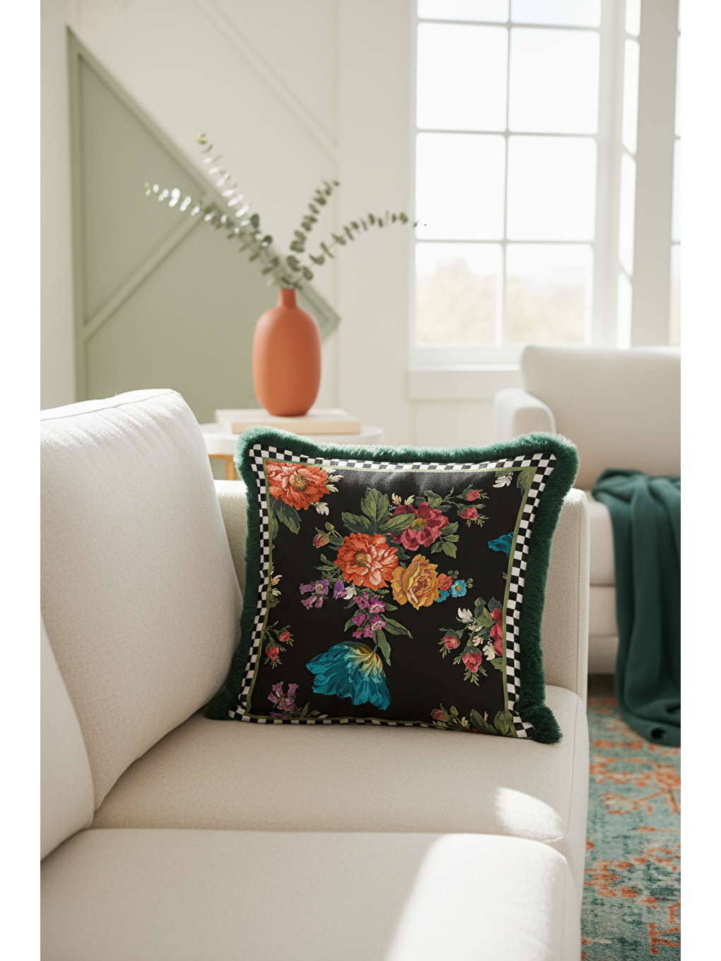 Karışık Barok Çiçekli Saçaklı Yastık Kılıfı - Lüks Vintage Bohem Siyah Yeşil Püsküllü Kırlent Kılıfı-4