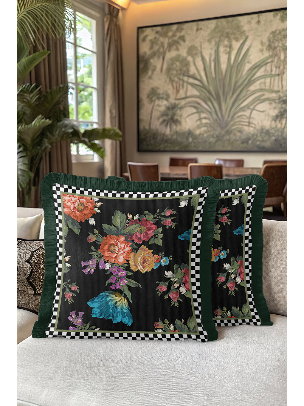 Karışık Barok Çiçekli Saçaklı Yastık Kılıfı - Lüks Vintage Bohem Siyah Yeşil Püsküllü Kırlent Kılıfı-5