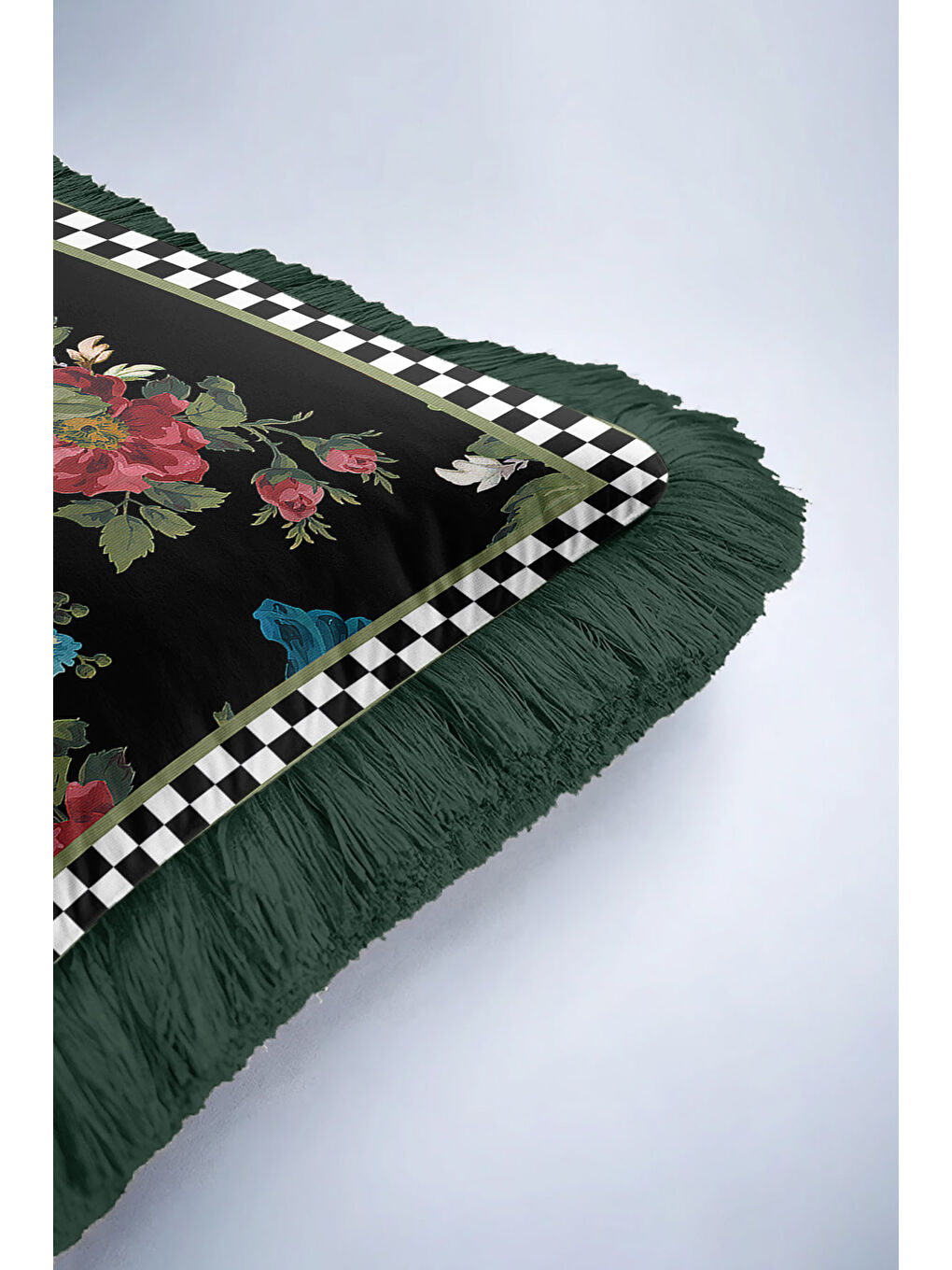 Karışık Barok Çiçekli Saçaklı Yastık Kılıfı - Lüks Vintage Bohem Siyah Yeşil Püsküllü Kırlent Kılıfı-6