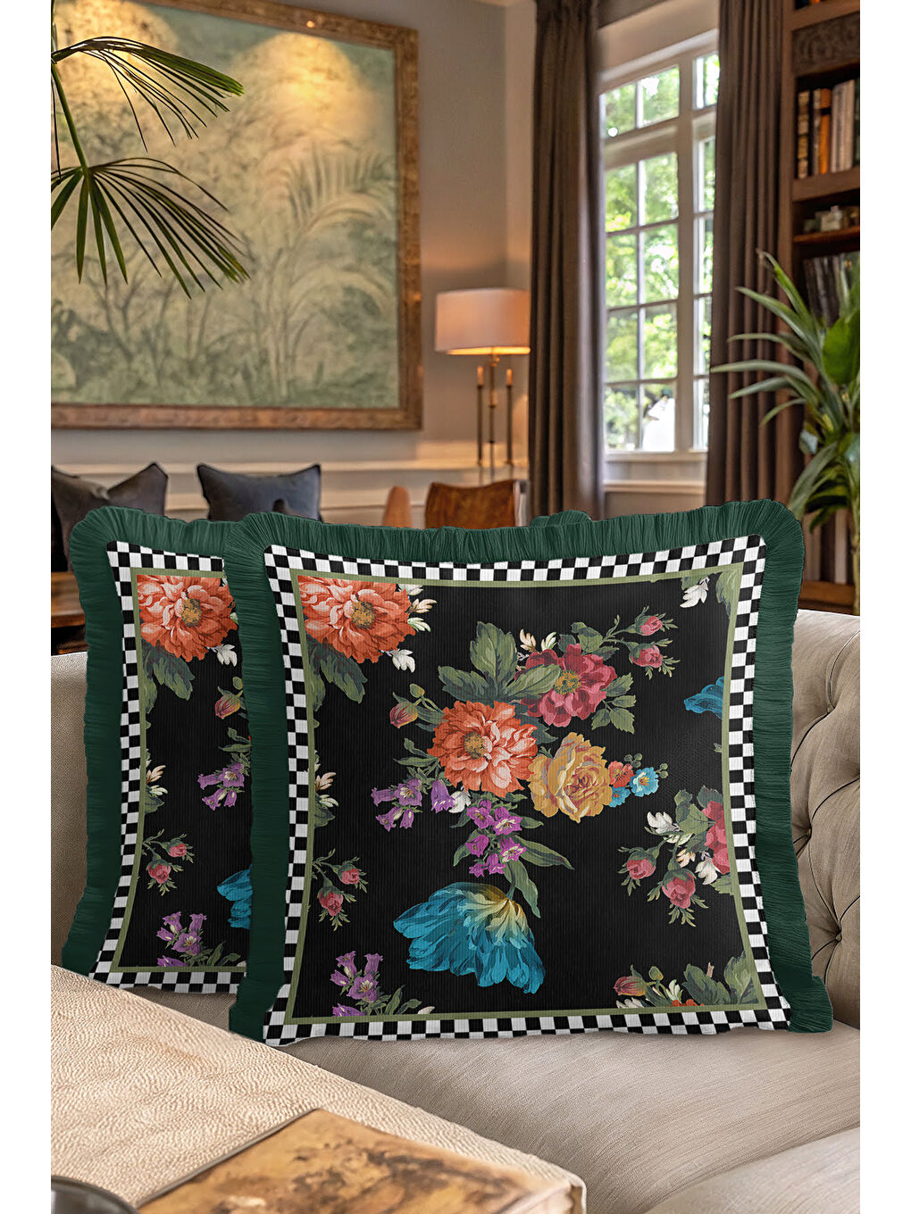 Karışık Barok Çiçekli Saçaklı Yastık Kılıfı - Lüks Vintage Bohem Siyah Yeşil Püsküllü Kırlent Kılıfı-7