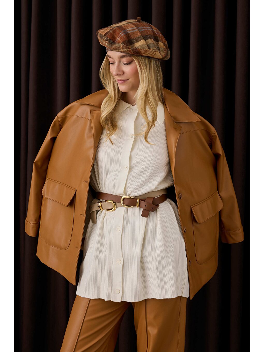 Kahverengi Spor Kesim Deri Ceket Camel