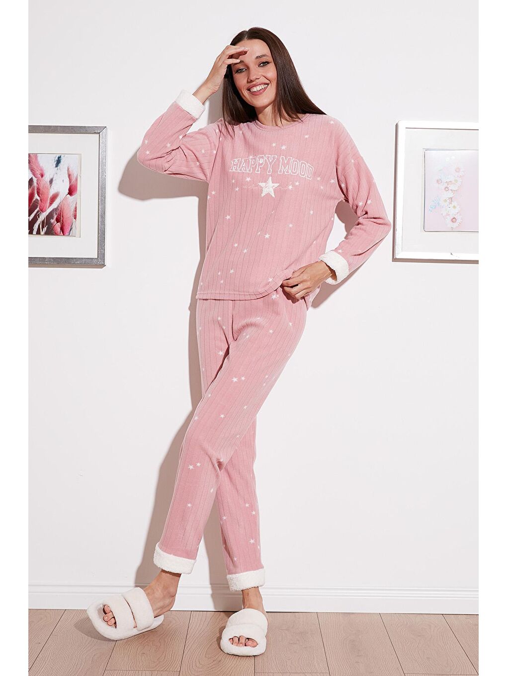 Pembe Regular Fit Bisiklet Yaka Polar Pijama Takımı 6571005
