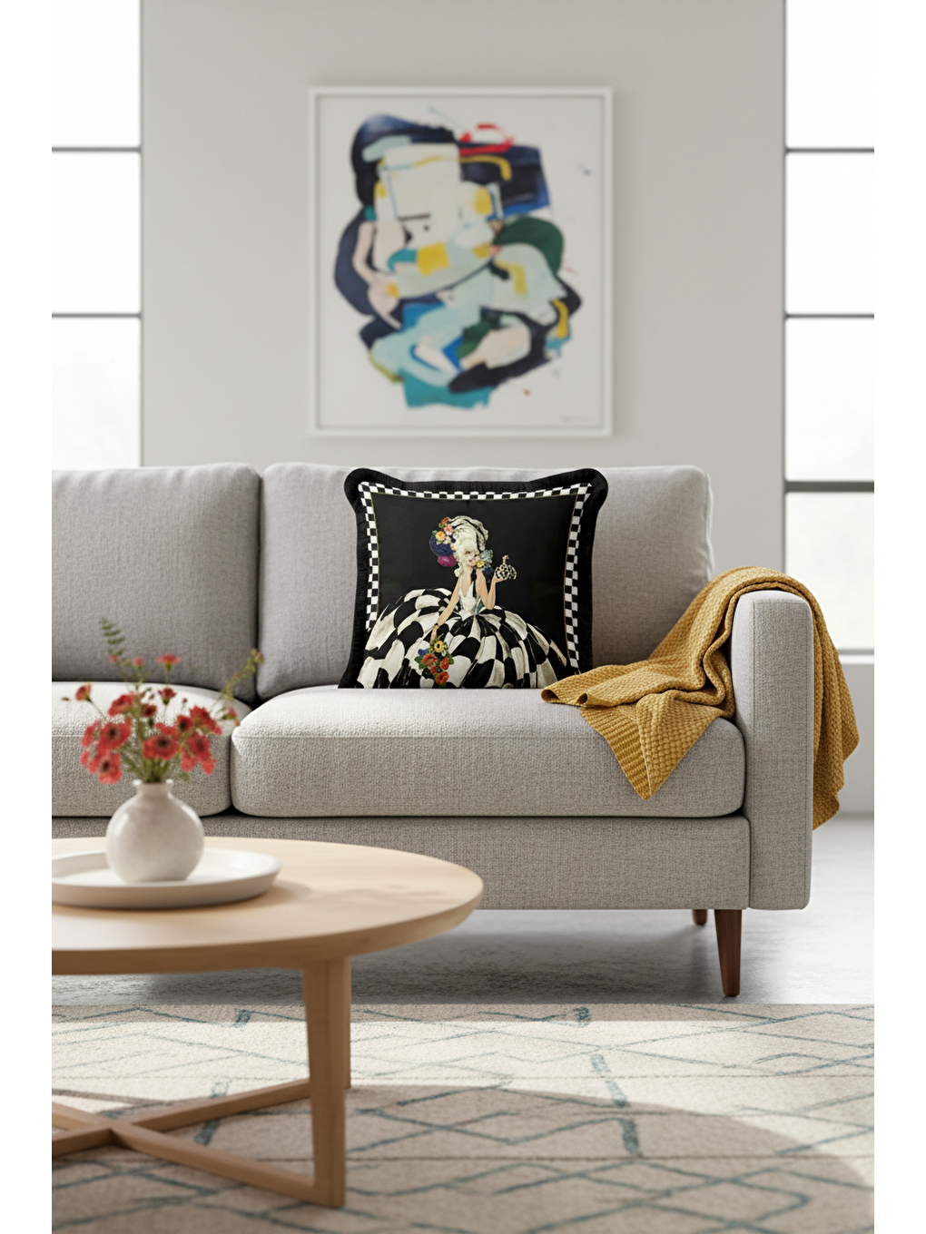 Karışık Barok Zarif Saçaklı Yastık Kılıfı - Monokrom Retro Siyah Beyaz Püsküllü Kırlent Kılıfı