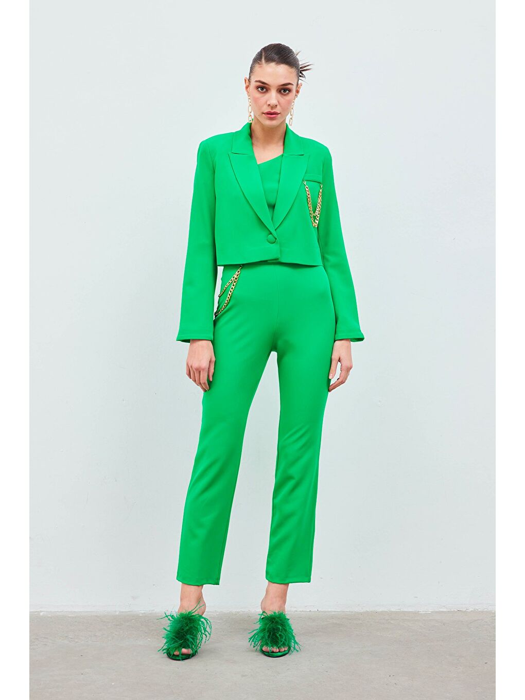 Zincir Aksesuarlı Pantolon - Yeşil-1