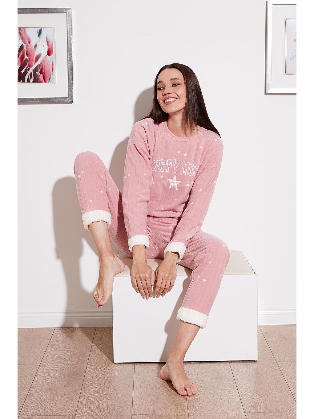 Pembe Regular Fit Bisiklet Yaka Polar Pijama Takımı 6571005-1