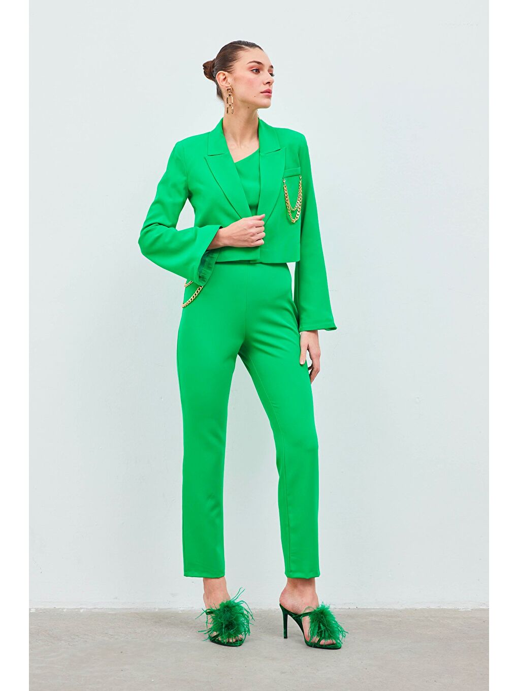 Zincir Aksesuarlı Pantolon - Yeşil-2