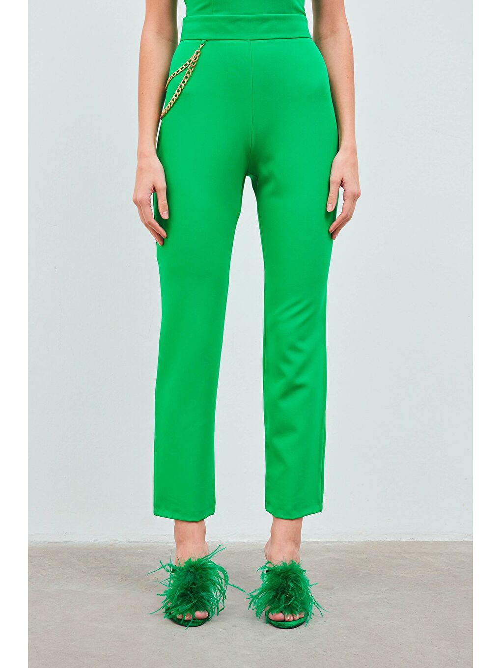 Zincir Aksesuarlı Pantolon - Yeşil-4