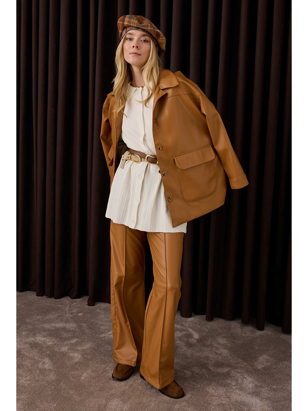 Kahverengi Spor Kesim Deri Ceket Camel-1