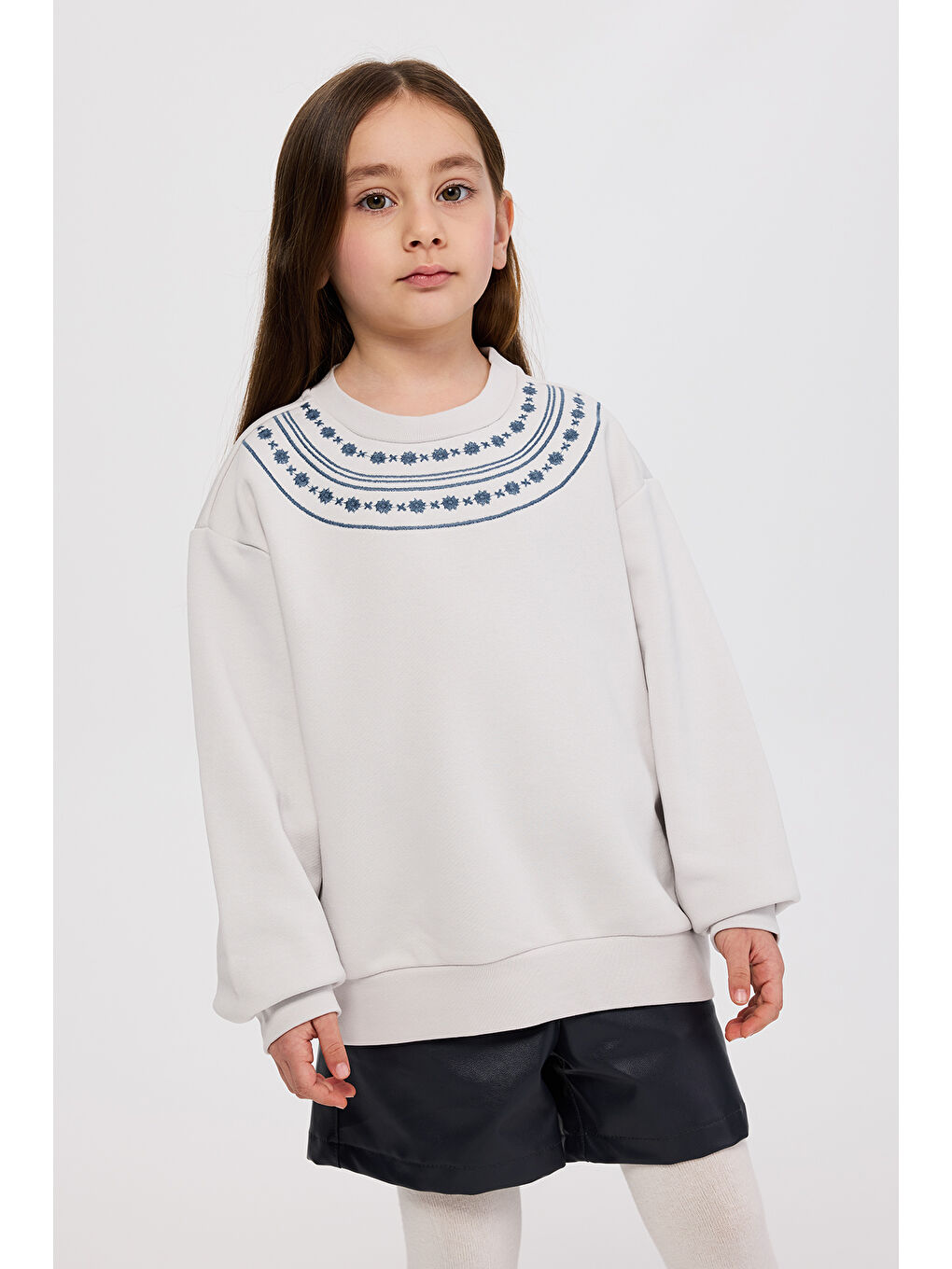 Kız Çocuk Nakışlı Gri Sweatshirt-6