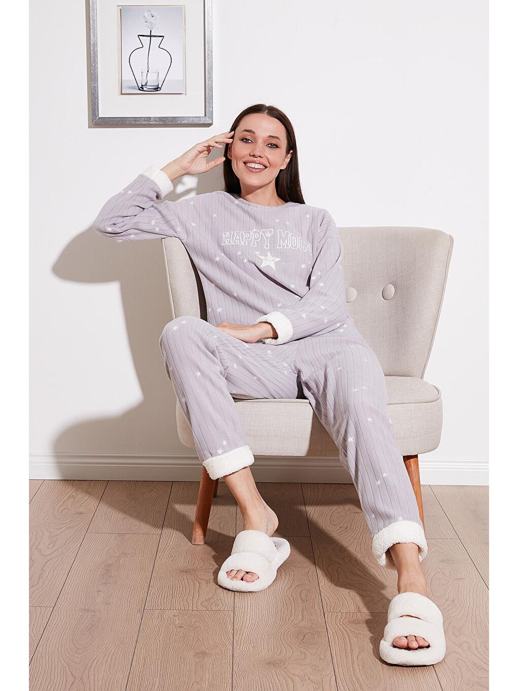 Gri Regular Fit Bisiklet Yaka Polar Pijama Takımı 6571005