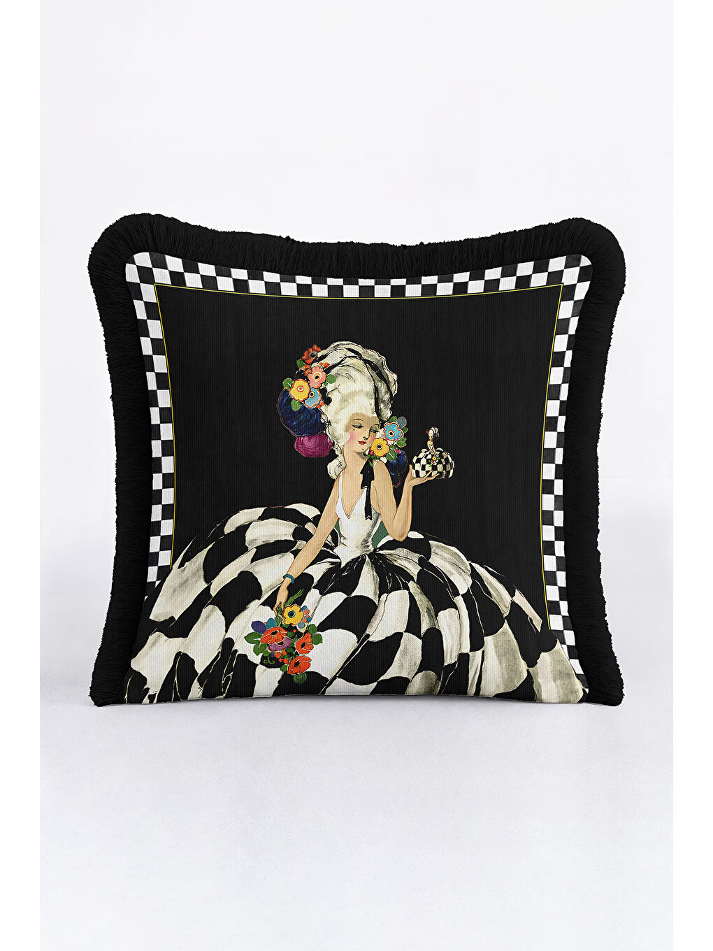 Karışık Barok Zarif Saçaklı Yastık Kılıfı - Monokrom Retro Siyah Beyaz Püsküllü Kırlent Kılıfı-1