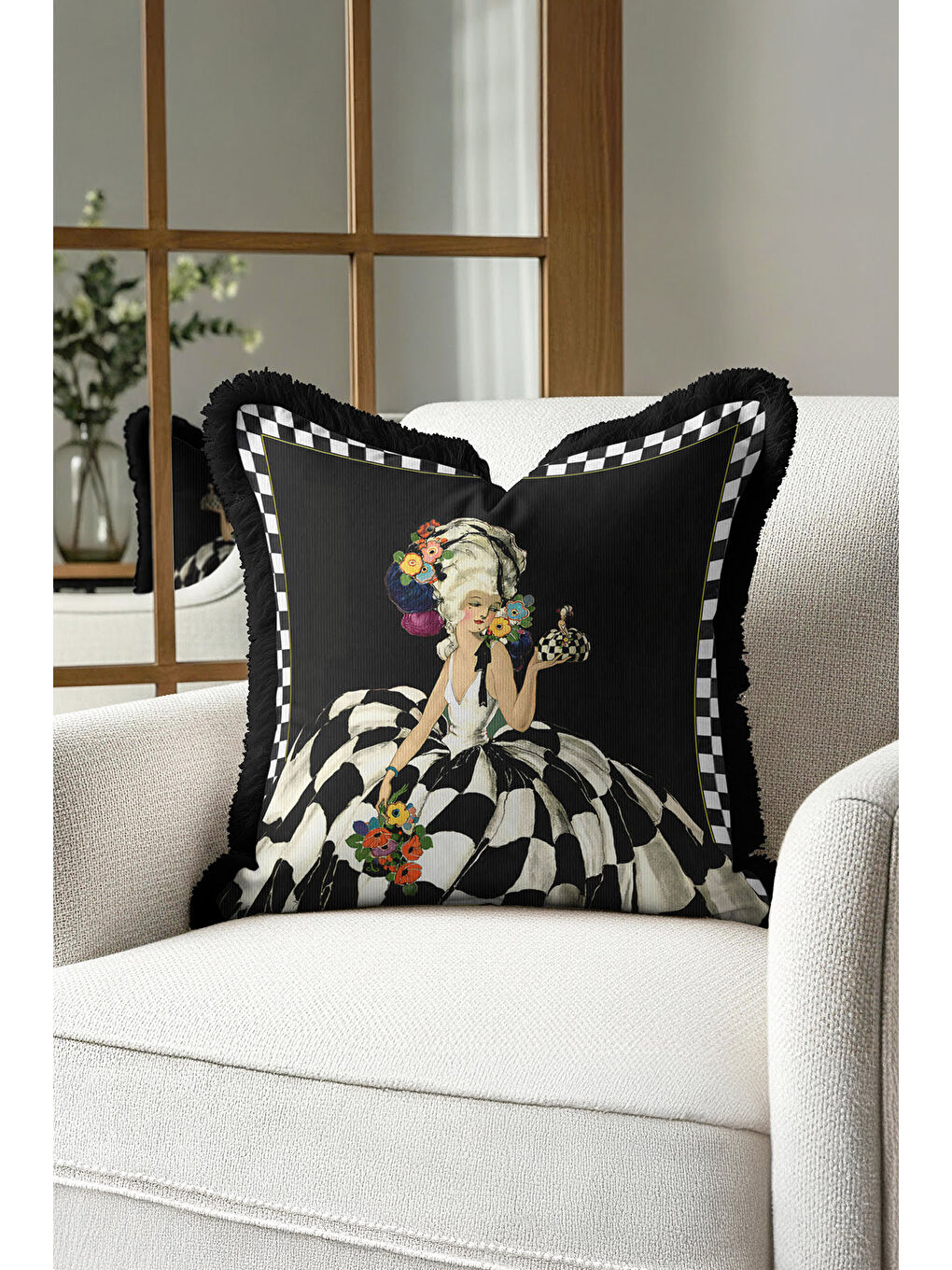 Karışık Barok Zarif Saçaklı Yastık Kılıfı - Monokrom Retro Siyah Beyaz Püsküllü Kırlent Kılıfı-2