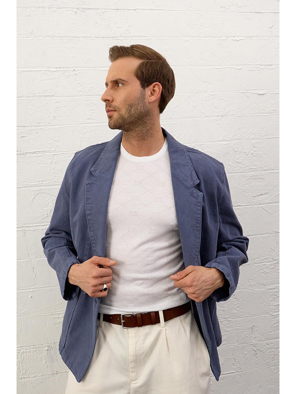 Danger Erkek Kare Desenli Slim-Fit Kalıp Yazlık Triko Tişört Beyaz - 6