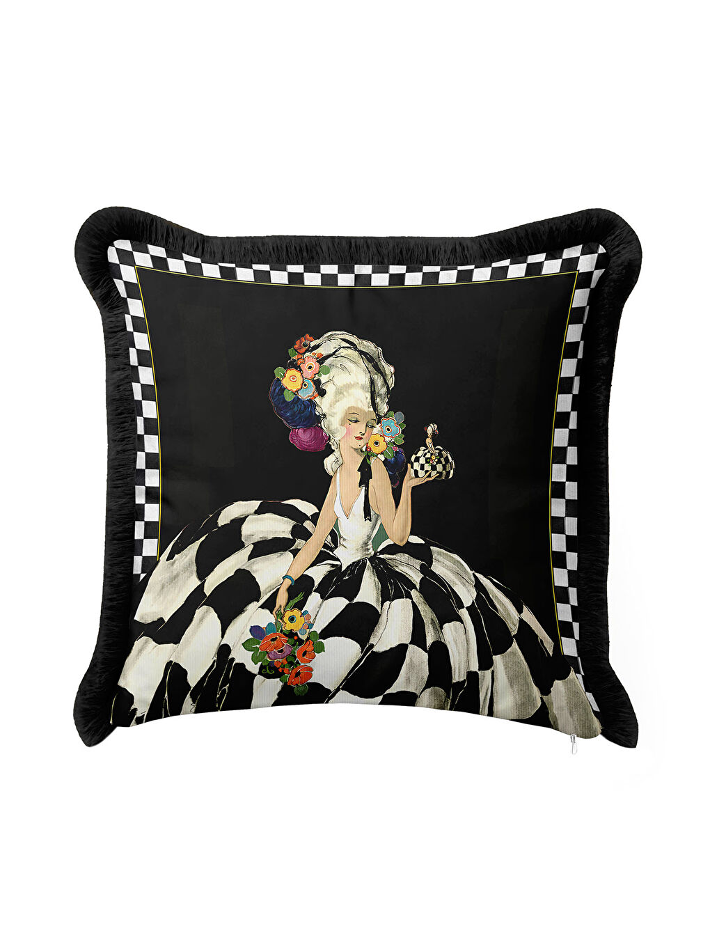 Karışık Barok Zarif Saçaklı Yastık Kılıfı - Monokrom Retro Siyah Beyaz Püsküllü Kırlent Kılıfı-3