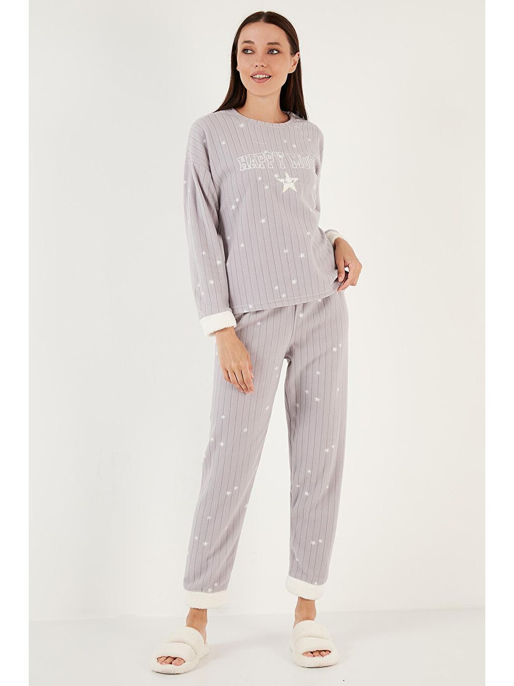 Gri Regular Fit Bisiklet Yaka Polar Pijama Takımı 6571005-1