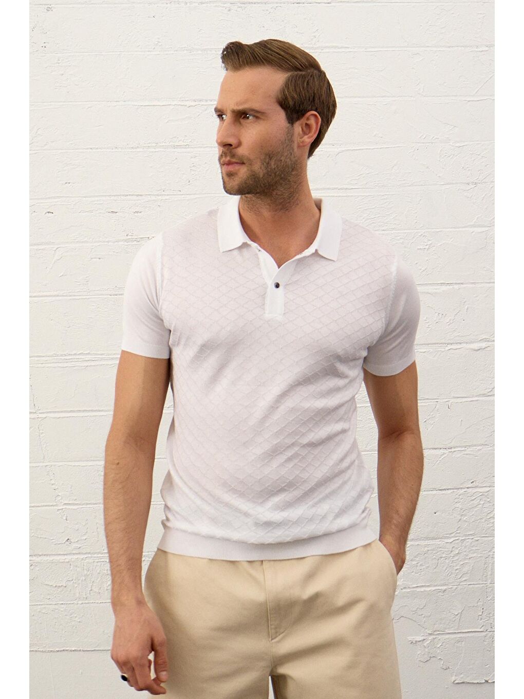 Beyaz Erkek Yumuşak Dokulu Slim-Fit Kalıp Polo Yaka İnce Triko Tişört-5