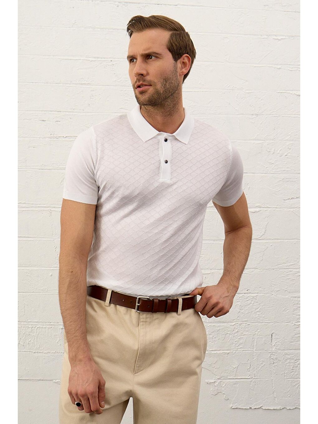 Beyaz Erkek Yumuşak Dokulu Slim-Fit Kalıp Polo Yaka İnce Triko Tişört-6