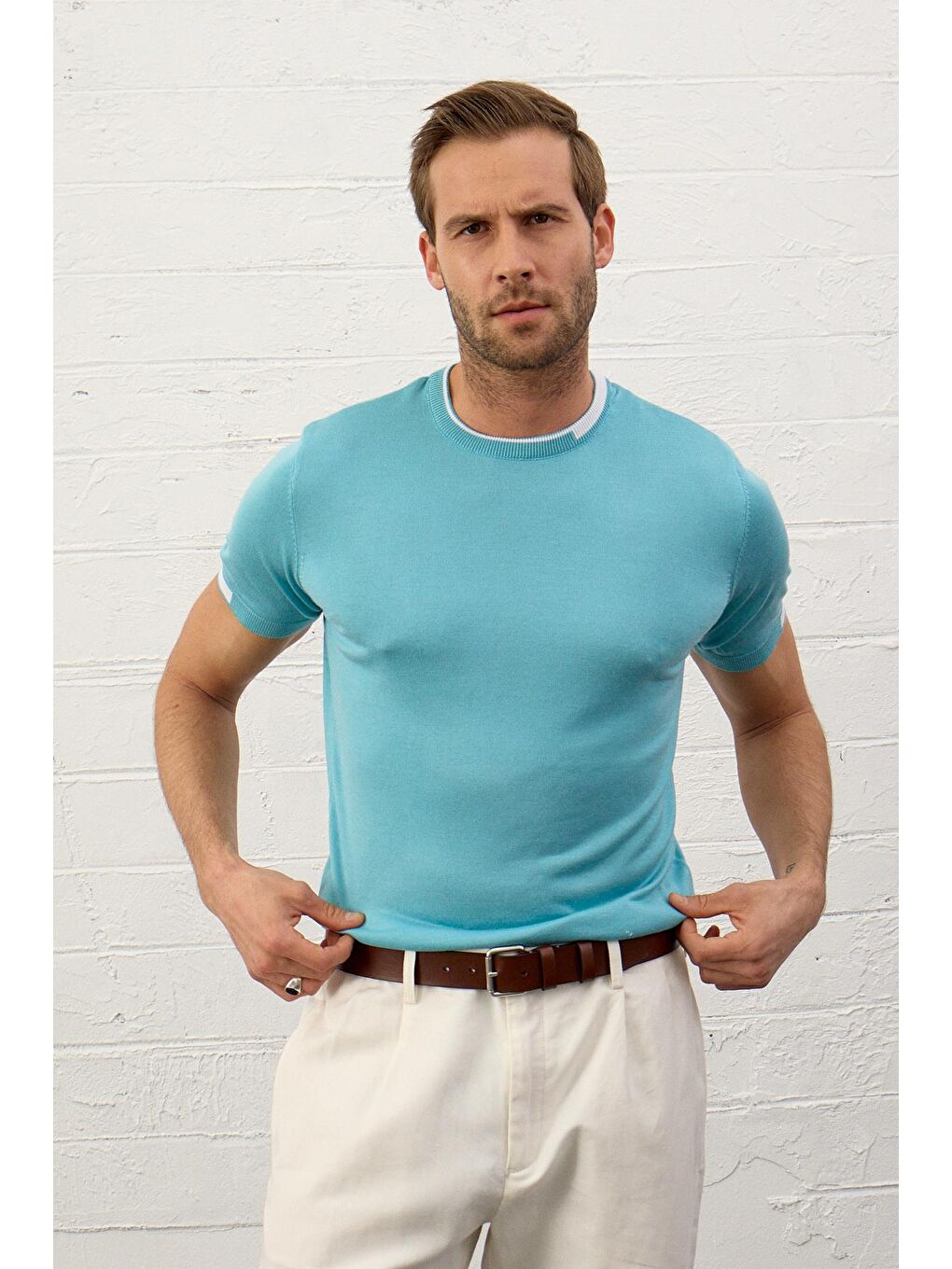 Danger Mavi Erkek Garnili Slim-Fit Yazlık Triko Tişört Aqua