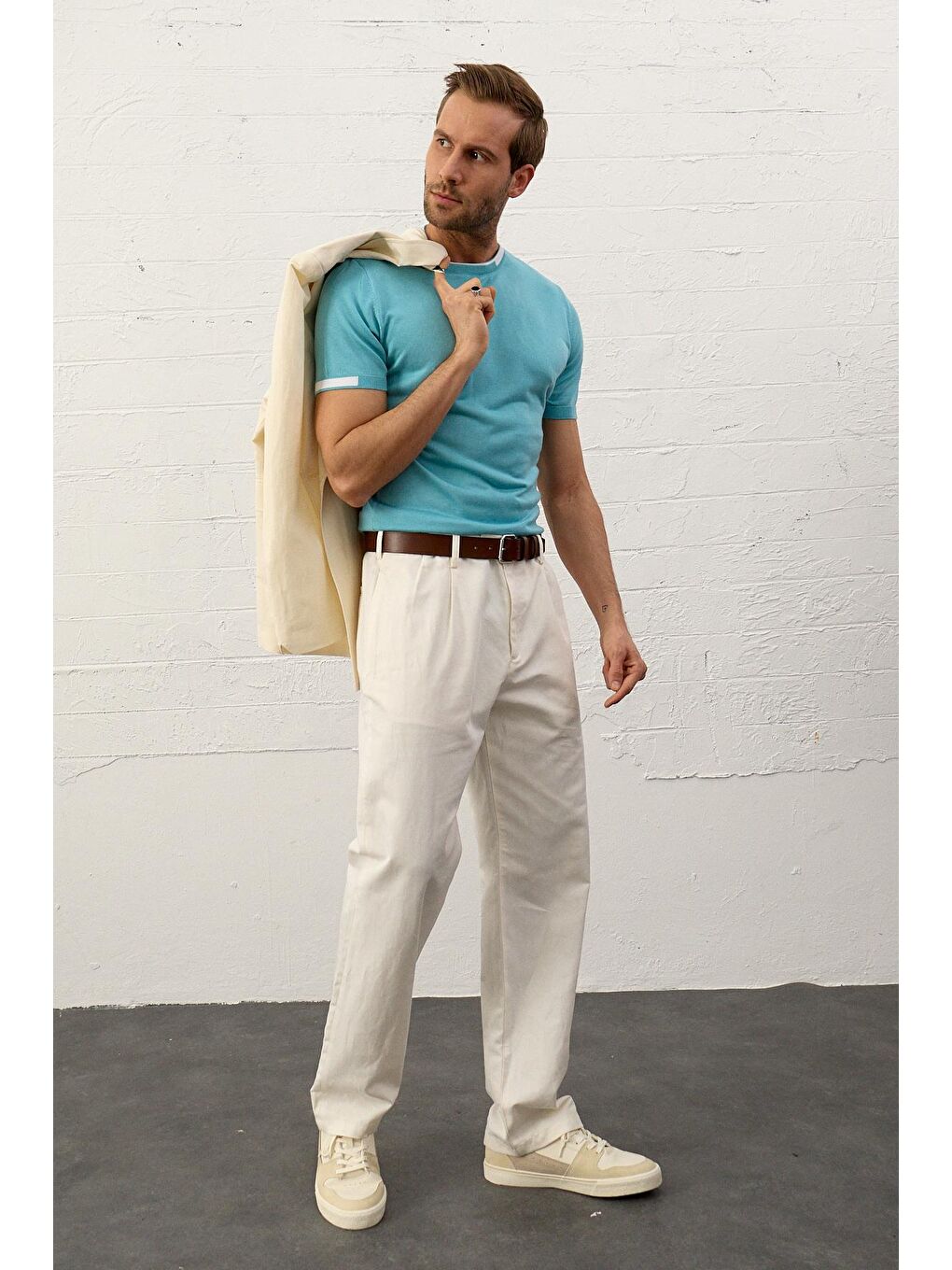 Danger Mavi Erkek Garnili Slim-Fit Yazlık Triko Tişört Aqua - 1
