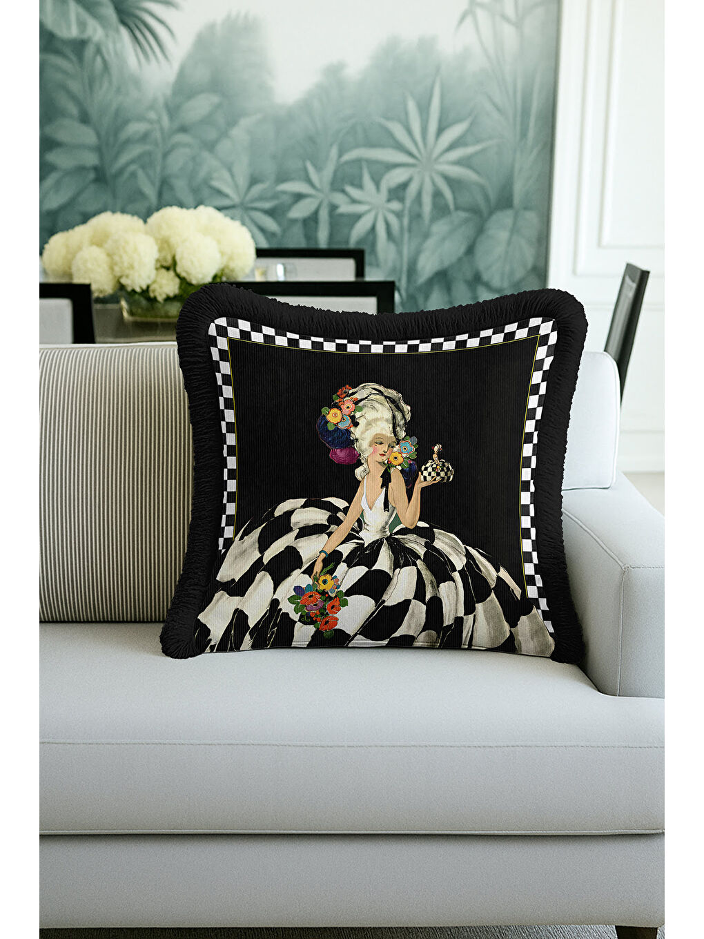 Karışık Barok Zarif Saçaklı Yastık Kılıfı - Monokrom Retro Siyah Beyaz Püsküllü Kırlent Kılıfı-4