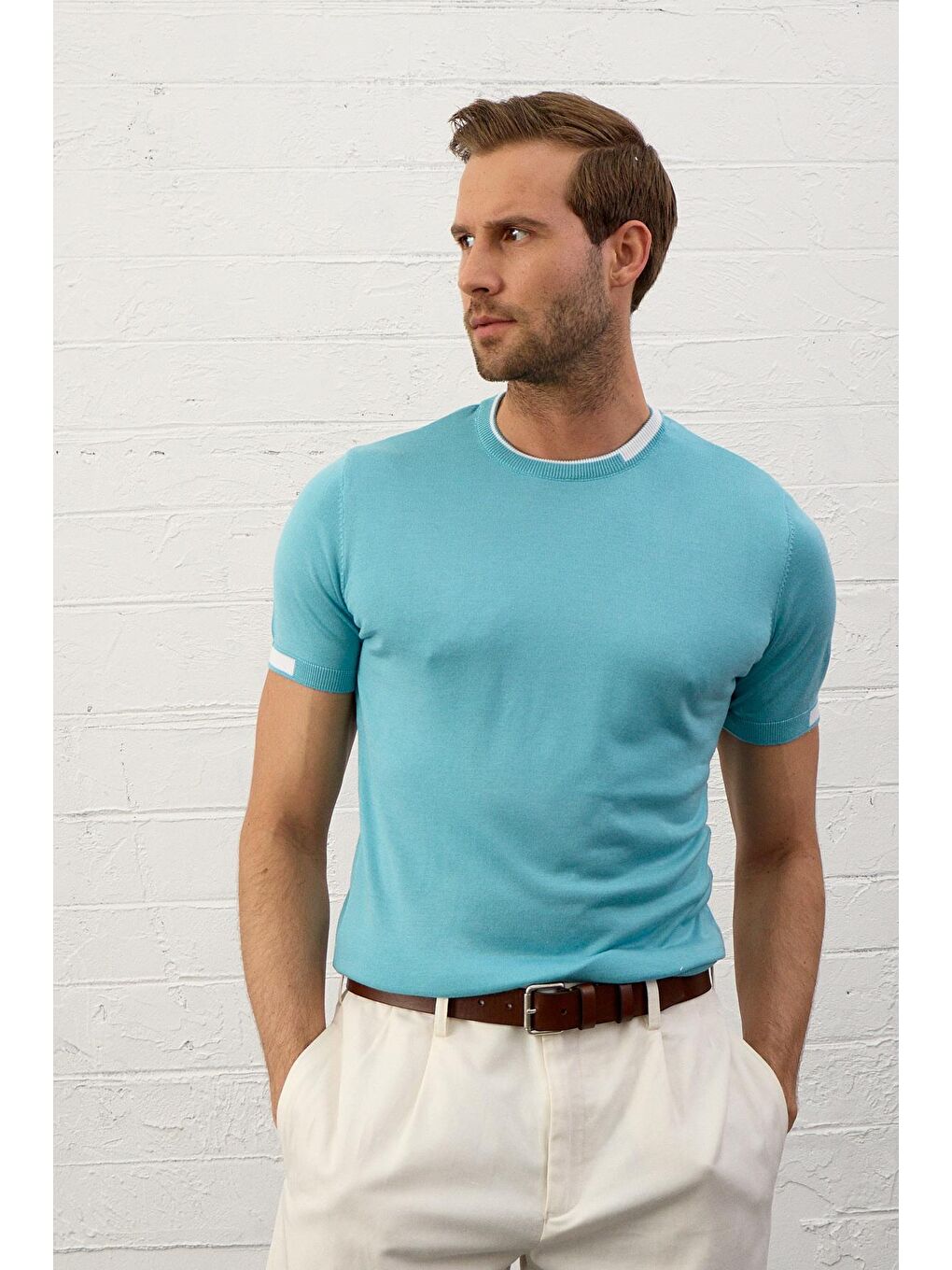 Danger Mavi Erkek Garnili Slim-Fit Yazlık Triko Tişört Aqua - 3